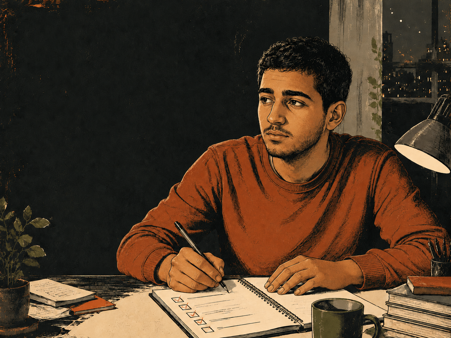 رسم تحريري لطالب يكتب خطته اليومية